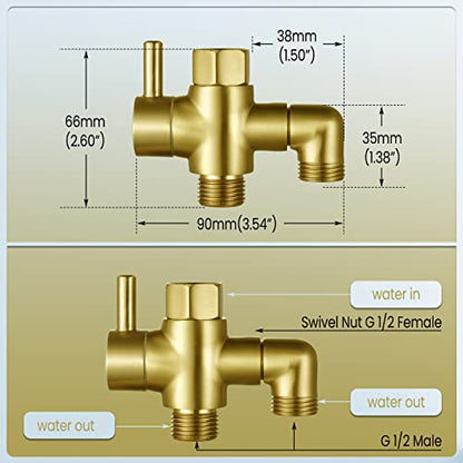 Metal Shower Diverter Valve, YDmeet 3 Way Shower Head Diverter for Handheld Showerhead and Fixed Rainfall Shower Head, Universal G1/2 Bathroom Shower System Replacement Part, Brushed Gold - color: Brushed Gold
