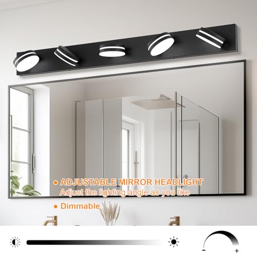 5-Light Bathroom Vanity Light, Modern LED Bathroom Light Fixture Over Mirror, Matte Black Bath Wall Lighting, Dimmable 5500K Vanity Lighting Fixture with 360°Rotable Head - color: Matte Black-Dimmable