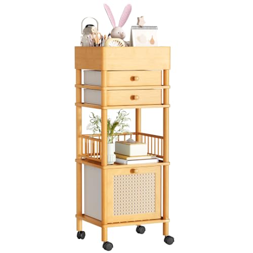 Bamboo Makeup Organizer Cart with 3 Drawers, Floor Skin Care Storage for Bathroom Bedroom, Rolling Vanity Organizer Cart for Cosmetic, Nail Polish, Perfume and Hair Tools - color: Natural Color