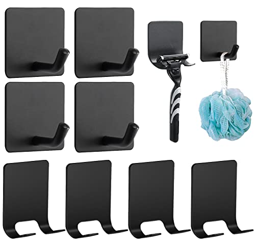 8 Pack Adhesive Hooks, 4 Pack Razor Holder for Shower and 4 Heavy Duty Waterproof Sticky Hooks for Hanging Towels, Loofah, Coat, Hat (Black) - color: Black