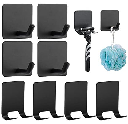 8 Pack Adhesive Hooks, 4 Pack Razor Holder for Shower and 4 Heavy Duty Waterproof Sticky Hooks for Hanging Towels, Loofah, Coat, Hat (Black) - color: Black