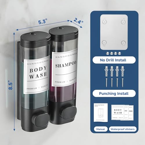 Shampoo and Conditioner Dispenser Shower Dispenser Body Wash Wall Mounted Shampoo Dispenser for Shower Wall No Drill for Bathroom Hotel 2 Chamber x 300ml Black with Waterproof Labels - color: Black 2