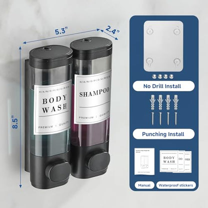 Shampoo and Conditioner Dispenser Shower Dispenser Body Wash Wall Mounted Shampoo Dispenser for Shower Wall No Drill for Bathroom Hotel 2 Chamber x 300ml Black with Waterproof Labels - color: Black 2
