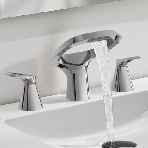 Bathroom Faucets for Sink 3 Hole, Bezeit 8 Inch Widespread Bathroom Faucet with Waterfall Spout, Solid Brass Chrome Faucet with 2 Handles and Water Supply Hoses - color: Chrome, style: Modern