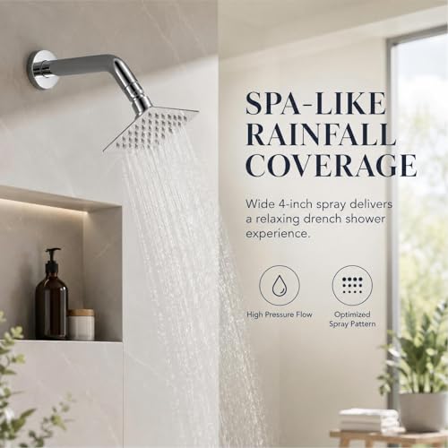 4 Inch Square Shower Head, Fixed Chrome Shower Head Stainless Steel, Rain Shower Head Screw On Easy Install, Wall Mounted Metal Chrome Finish - size: 4 Inch Square