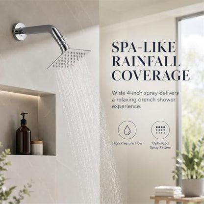 4 Inch Square Shower Head, Fixed Chrome Shower Head Stainless Steel, Rain Shower Head Screw On Easy Install, Wall Mounted Metal Chrome Finish - size: 4 Inch Square