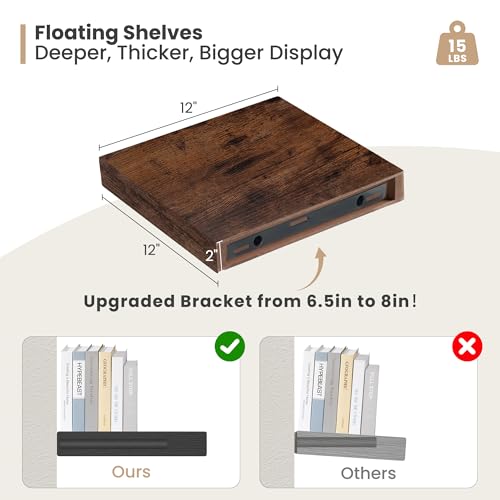 Heimlove 12 Inch Deep Floating Shelves,12 Inch Wide Small Wall Shelves Set of 2, 2 Inch Thick Invisible Wall Mounted Shelves for Bathroom Bedroom Nursery,Rustic Brown - color: Rustic Brown, size: 12"W x 12"D x 2"H, Set of 2