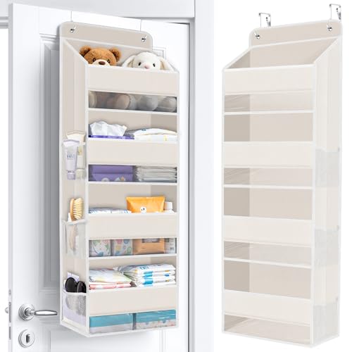 Over The Door Organizer Storage behind Door Hanging Organizer for Nursery | 4 Tier, 6 Side Pockets, Clear Window, Sturdy Construction, Space-Saving Storage for Closet, Bedroom, Bathroom & Nursery - color: Beige, size: 4-Tier