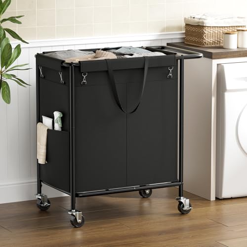 Double Laundry Hamper with Wheels & Lid, 160L Large Rolling Laundry Basket | Chrislley Sturdy Metal Laundry Cart 2 Section with Long Handle and Removable Bags,Dirty Clothes Hamper for Laundry Room,Black - color: Black, size: 160L(27.0"L x 15.4"W x 27.6"H)