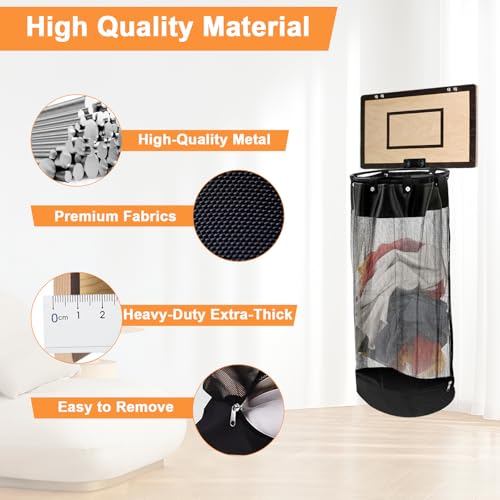 Over the Door Basketball Laundry Basket, 2-in-1 Wooden Basketball Hoop Laundry Hamper, Space Saving Hanging Organizer for Kids, Dirty Clothes Storage with Zipper for Kids Room, Dorm, Bedroom, Bathroom