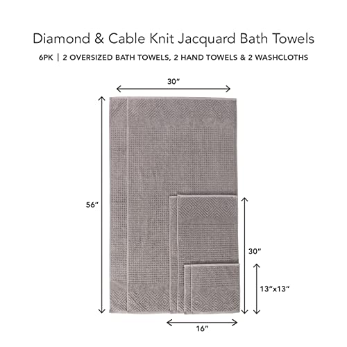 Texere 100% Organic Cotton Diamond Jacquard 700 GSM Luxury Bath Towel Sets - 2 Ultra Soft, Large Bath Towels, 2 Hand Towels, 2 Washcloths (Diamond, Cathedral Gray, 6 Piece) - color: Cathedral Gray (Diamond)