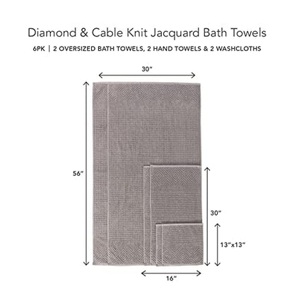 Texere 100% Organic Cotton Diamond Jacquard 700 GSM Luxury Bath Towel Sets - 2 Ultra Soft, Large Bath Towels, 2 Hand Towels, 2 Washcloths (Diamond, Cathedral Gray, 6 Piece) - color: Cathedral Gray (Diamond)