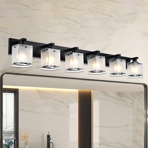 Bathroom Vanity Light Fixture, 6-Lights Modern Vanity Lighting Over Mirror with Frosted Glass Shades, Wall Mount Lamp for Bath Living Room, E26 Bulb Base - color: Black, Frosted Glass, size: 6-Lights