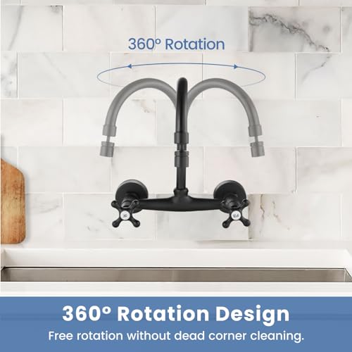 Airuida Matte Black Wall Mounted Kitchen Faucet,Utility Sink Faucet | 8 Inch Adjustable Center,360° Swivel Spout,Wall Mount Commercial Faucet,Double Cross Handle - color: Matte Black
