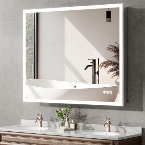 40"x32" Medicine Cabinet Mirror, LED Lighted Medicine Cabinet with Electrical Outlet＆USB, Anti-Fog, 3 Colors Temperature Stepless Dimmable, Aluminum Cabinet for Storage and Mordern Decor - size: 40"x32"