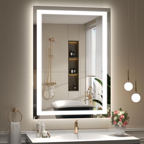 24x36 LED Lighted Bathroom Mirror for Vanity Wall | Front Light and Backlit, Anti-Fog, Memory, 3 Color, Tempered Glass, Dimmable, Rectangular, UL, Horizontal/ Vertical Mounted - color: Rectangular Led Bathroom Mirror, size: 36"L x 24"W