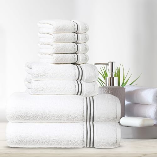 8-Piece Premium Towel Set, 2 Bath Towels, 2 Hand Towels, and 4 Wash Cloths, 100% Ring Spun Cotton Highly Absorbent Towels for Bathroom, Gym, Hotel, and Spa - color: Gray