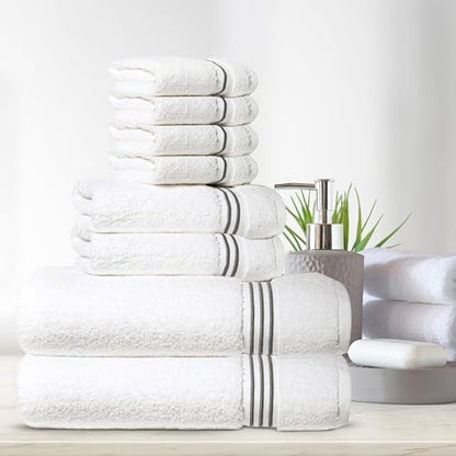 8-Piece Premium Towel Set, 2 Bath Towels, 2 Hand Towels, and 4 Wash Cloths, 100% Ring Spun Cotton Highly Absorbent Towels for Bathroom, Gym, Hotel, and Spa - color: Gray