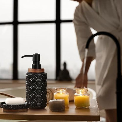 RQYIXI Ceramic 4-Piece Bathroom Accessories Set,Matte Black | Countertop Essentials Embossed Textured Design Solid Wood Non-Slip Detail Matte Black Finish - color: Black, size: Embossed Textured-4-Piece