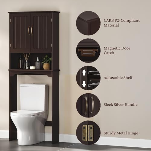 Topeakmart Over The Toilet Storage Cabinet, Bathroom Organizer, Espresso | Bathroom Shelf Over Toilet with Adjustable Shelf & Double Doors, Home Space-saving Furniture, L24.5xW9xH66 Inches - color: Espresso