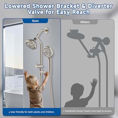 Metal Dual Rain Shower Head Easy Reach, 10-Spray Handheld, Brushed Nickel | High Pressure Rainfall Shower Head with Shower Extension Arm, 71" Hose, 3-way Diverter, Brass Shower Bracket - color: Brushed Nickel, style: 5" Showerhead
