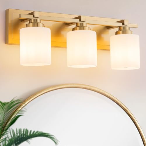Modern Bathroom Light Fixtures Over Mirror, Vanity Lights for Bathroom Wall Sconces with Milky White Glass Shades, E26 Socket (Bulbs Not Included), 3 Light, Brass - color: Brass - Milky White Glass Shades, size: 3-Lights
