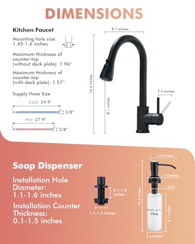 VFAUOSIT Kitchen Faucet with Pull Down Sprayer and Soap Dispenser, Black | 3 Spray Modes, 19.5-Inch Pull-Out Hose, 360° Swivel, cUPC/CEC Certified, SUS304 Steel, 15-Minute DIY Installation - color: Matte Black-06