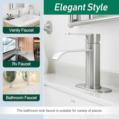 VOTON Bathroom Faucet Brushed Nickel Waterfall with Drain & Deck Plate | Waterfall Spout | Brushed Nickel | Lead-Free SUS 304 | Pop-Up Drain | 1/3 Hole Install | 6 in Deck Plate - color: Brushed Nickel