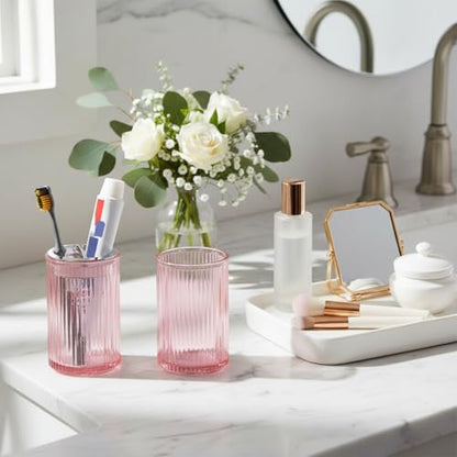 Pink Toothbrush Holders for Bathrooms, 2pcs Glass Toothbrush Holder and 12oz Bathroom Tumbler Cup Set, Silver Tooth Brush and Toothpaste Organizer for Bathroom Vanity Countertop - color: Pink Silver