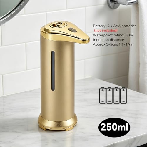 250ml Electric Soap Dispenser Touchless, Countertop Automatic Touchless Hand Soap Dispenser for Home Bathroom Kitchen School Hotel (Gold) - color: Gold