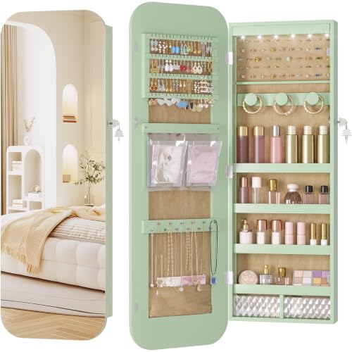 LVSOMT 6 LEDs Mirror Jewelry Cabinet Door Hanging, 42.5", Lockable, Green | Jewelry Organizer with Full Length Mirror, Wall Mounted Large Jewelry Storage for Earrings, Rings, Necklaces - color: Green