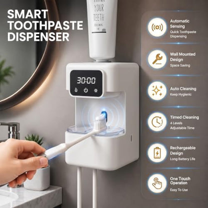 Wall-Mounted Automatic Toothpaste Dispenser, Toothbrush Cleaner with Sensor-Activated Design, Toothbrush Holder with Removable Slots & Smart Display, Toothpaste Dispenser for Kids & Adult (White2.0) - color: White2.0