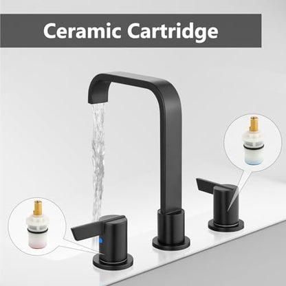 Matte Black Bathroom Faucet 3 Hole 8 Inch Widespread Waterfall | 2-Handle Vanity Faucet, Pop-Up Drain, Supply Lines, Adjustable 4- to 16-Inch Widespread Fit, 360° Swivel Spout - color: Matte Black