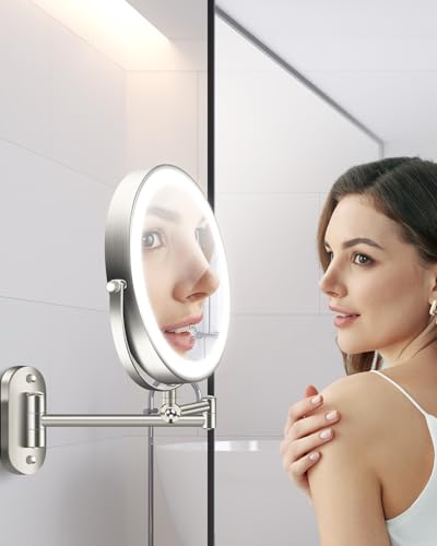 20X 9" Wall Mounted Magnifying Makeup Mirror with Light Height Adjustable | 5000mAh Double Sided Rechargeable LED Lighted Vanity Mirror with Magnification 3 Color Light up Extended Arm 360 Rotation - color: 9inches-brushed Nickel