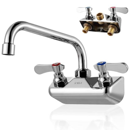 Commercial Hand Sink Faucet: 8" Swivel Spout 4'' Center Wall Mount Utility Faucet, Brass Constructed with 360° Swivel Spout, Dual Lever Handles, Restaurant/Laundry/Bar/RV, Chrome Polished - size: 4"center 8"