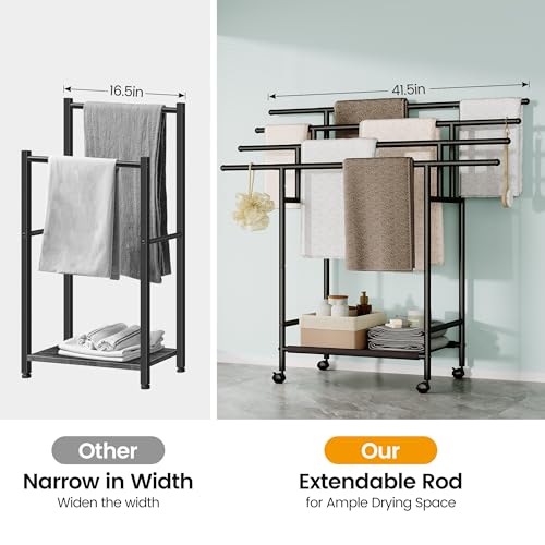 Homeiju Expandable Free Standing Towel Rack for Bathroom, 4 Tier Blanket Rack, Adjustable Blanket Holder for Bathroom, Towel Drying Rack Stand for Outdoor, Poolside, Black