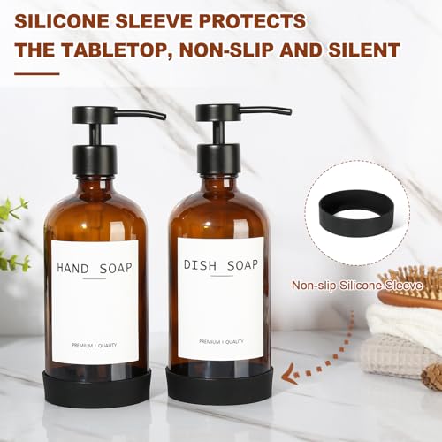 RYTOXILO Amber Glass Soap Dispenser 4 Pack, Hand Soap Dispenser Bathroom with Stainless Steel Pump, 16.9 Fl oz Hand and Dish Soap Dispensers Set Kitchen, Modern Brown Soap Lotion Dispensers Bottle - color: Amber, size: 4 Pack