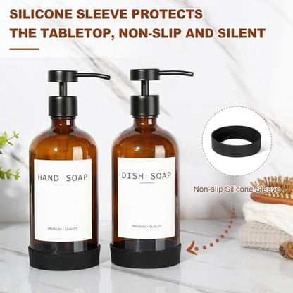 RYTOXILO Amber Glass Soap Dispenser 4 Pack, Hand Soap Dispenser Bathroom with Stainless Steel Pump, 16.9 Fl oz Hand and Dish Soap Dispensers Set Kitchen, Modern Brown Soap Lotion Dispensers Bottle - color: Amber, size: 4 Pack