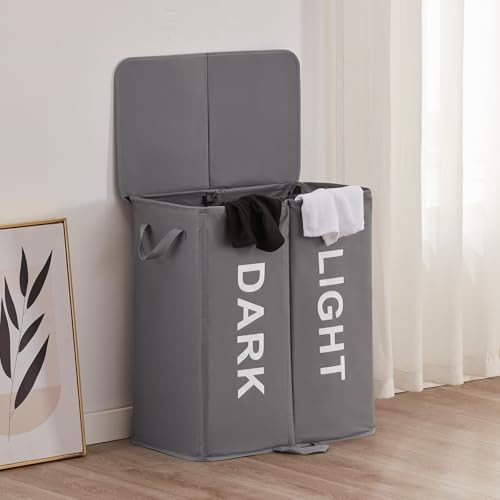 Lifewit 136L Double Laundry Hamper with Lid and Removable Laundry Bags, Large Divided Hamper, Collapsible 2 Section Laundry Basket with Handles for Bedroom, Bathroom, College Dorm, Laundry Room, Grey - color: Grey