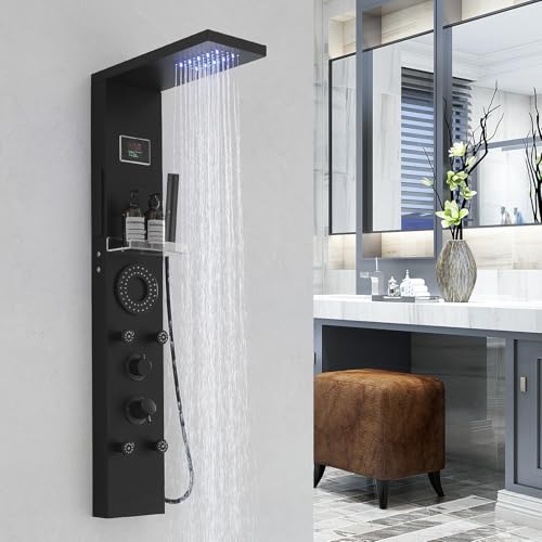 RUMOSE Dark Black Shower Panel Tower System, 5-Mode Shower Faucet Set | LED Light Rainfall Shower Head Digital Display with Massage Jets Tub Spout Shower Shelves, Stainless Steel, Wall Mount - color: Dark Black