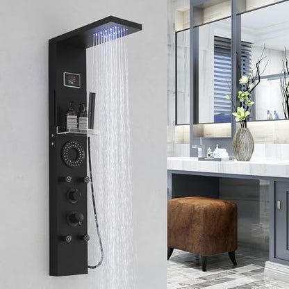 RUMOSE Dark Black Shower Panel Tower System, 5-Mode Shower Faucet Set | LED Light Rainfall Shower Head Digital Display with Massage Jets Tub Spout Shower Shelves, Stainless Steel, Wall Mount - color: Dark Black