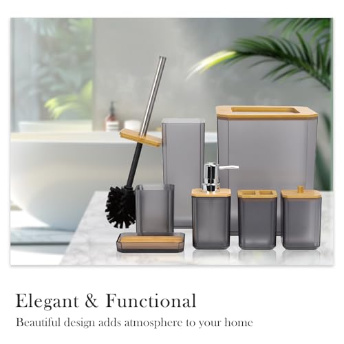 CERBIOR Bamboo Bathroom Accessories Set 7 Piece Bath Ensemble,Gray | Includes Soap Dispenser, Toothbrush Holder, Toothbrush Cup, Soap Dish for Decorative Countertop and Housewarming Gift - style: Matte Black