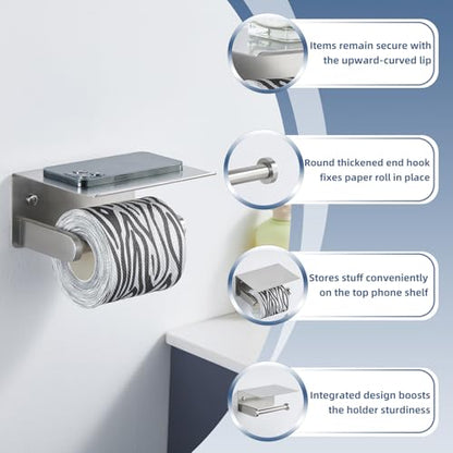 Toilet Paper Holder with Phone Shelf, APLusee SUS 304 Stainless Steel Bathroom Tissue Holder, Wall Mounted Roll Paper Dispenser, Brushed Nickel - color: Brushed Nickel, size: Single Rod