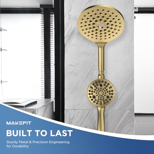 Dual Handheld Shower Head Combo, 2-in-1 Rain Shower Heads System 8 Inch Rainfall Shower Head and 10 Modes High Pressure Hand Held Showerhead with Built-in Power Wash - color: Gold, size: 8 Inch Standard