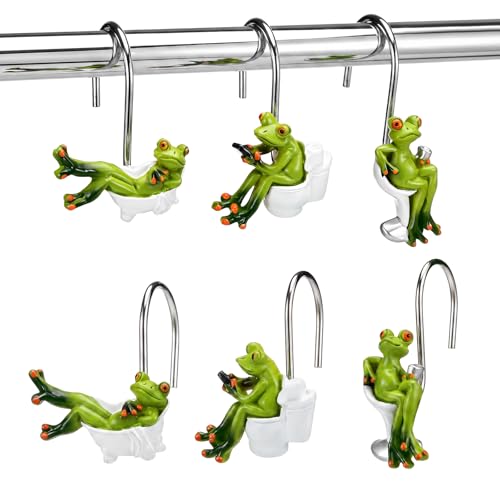 Roowest 12 Pcs Frog Shower Curtain Rings, Green Cute Stainless Steel | Rust Resistant Bathroom Accessories, Decorative Hangers for Farmhouse Rustic Decor, Durable Hooks for Winter Bathroom - style: Green Frog
