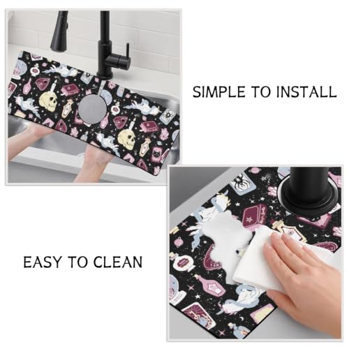 Halloween Kitchen Sink Splash Guard Faucet Mat,Black Witches Ghost Skulls Halloween Faucet Non-Slip Absorbent Mat,Farmhouse Sink Splash Guard Behind Faucet for Kitchen Bathroom,15"x5.5" - color: Drying Faucet Mat 11