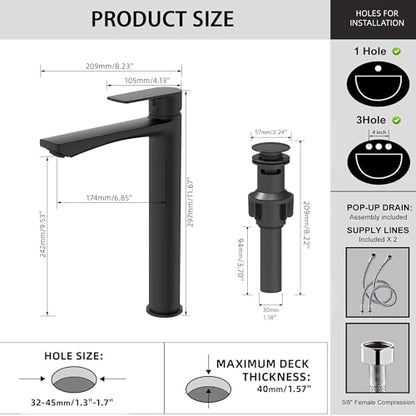 BELZ Black Bathroom Faucet, Tall Single Hole Vessel Sink Faucet 11.7'' | Lead-free, Anti-peeling PVD Black Finish, Modern Single Handle Design with Pop-Up Drain & Hoses for Bathroom RV Sink Vanity - color: Matte Black