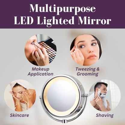 JERDON Hardwired Wall-Mount Makeup Mirror - 8X/1X - Chrome - HL88CLD | 8.5" Round Frame, 13.5" Wall Arm, LED Lighting, Direct Wire Installation - color: Chrome Direct Wire