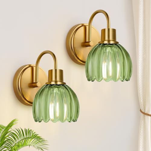 2-Pack Brushed Gold Bathroom Vanity Light, Single-Head Wall Sconce with Ribbed Green Tulip Glass Shade, Vintage Bathroom Light Fixtures for Bedroom, Hallway & Bedside (Bulbs Not Included) - color: Brushed Gold - Tulip Green, size: 1-light
