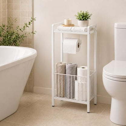 Bathroom Toilet Paper Holder Stand with Storage Basket and Top Shelf, Free-Standing Toilet Tissue Organizer for Small Bathrooms, Metal Toilet Paper Rack with Magazine Holder – White - color: White